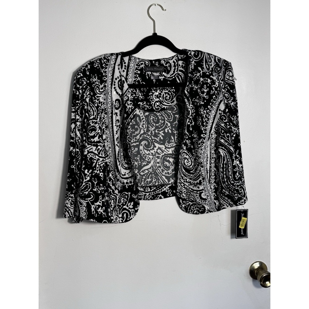 Jessica Howard 18W Women's Sequin Paisley Bolero Jacket Black Ivory Luxury Party